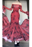 Mermaid Off The Shoulder Floral Red Long Sleeves Party Dresses Birthday Outfits SD1172
