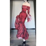 Mermaid Off The Shoulder Floral Red Long Sleeves Party Dresses Birthday Outfits SD1172