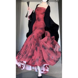 Mermaid Off The Shoulder Floral Red Long Sleeves Party Dresses Birthday Outfits SD1172