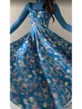 A line Spaghetti Straps Royal Blue Floral Long Birthday Dresses Prom Dress Birthday Outfits SD1187
