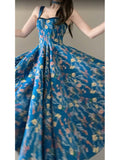 A line Spaghetti Straps Royal Blue Floral Long Birthday Dresses Prom Dress Birthday Outfits SD1187