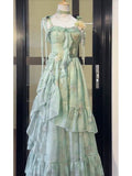 A line Spaghetti Straps Green Floral Long Birthday Dresses Prom Dress Birthday Outfits SD1189