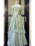 A line Spaghetti Straps Green Floral Long Birthday Dresses Prom Dress Birthday Outfits SD1189