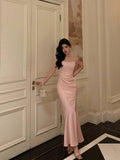 Sheath Spaghetti Straps Pink Satin Prom Dresses Birthday Outfits Evening Gown SD1118
