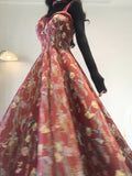 A line Spaghetti Straps Red Floral Long Birthday Dresses Prom Dress Birthday Outfits SD1203