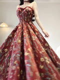 A line Spaghetti Straps Red Floral Long Birthday Dresses Prom Dress Birthday Outfits SD1203