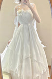 A line Spaghetti Straps White Floral Long Birthday Dresses Prom Dress Chiffon Birthday Outfits SD1208