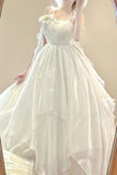 A line Spaghetti Straps White Floral Long Birthday Dresses Prom Dress Chiffon Birthday Outfits SD1208