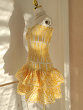 Sheath Strapless Yellow Lace Vacation Dress Short Birthday Dresses SD120