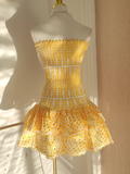 Sheath Strapless Yellow Lace Vacation Dress Short Birthday Dresses SD120