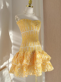 Sheath Strapless Yellow Lace Vacation Dress Short Birthday Dresses SD120