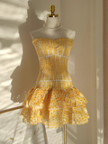 Sheath Strapless Yellow Lace Vacation Dress Short Birthday Dresses SD120