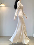 Mermaid V Neckline Long Sleeves White Prom Dresses Night Dress Birthday Outfits SD1211