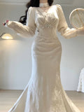Mermaid V Neckline Long Sleeves White Prom Dresses Night Dress Birthday Outfits SD1211