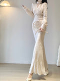Mermaid V Neckline Long Sleeves White Prom Dresses Night Dress Birthday Outfits SD1211