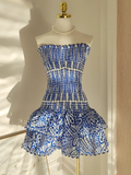 Sheath Strapless Royal Blue Lace Vacation Dress Short Birthday Dresses SD121