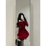 Ball Gown Long Sleeves Red Velvet Party Dress Birthday Dresses Birthday Outfits SD1227