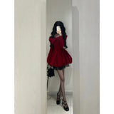 Ball Gown Long Sleeves Red Velvet Party Dress Birthday Dresses Birthday Outfits SD1227
