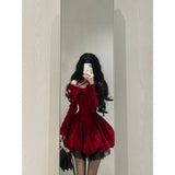 Ball Gown Long Sleeves Red Velvet Party Dress Birthday Dresses Birthday Outfits SD1227