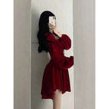 A line Square Neckline Long Sleeves Red Velvet Party Dress Birthday Dresses Birthday Outfits SD1228