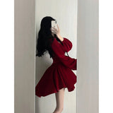 A line Square Neckline Long Sleeves Red Velvet Party Dress Birthday Dresses Birthday Outfits SD1228