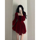 A line Square Neckline Long Sleeves Red Velvet Party Dress Birthday Dresses Birthday Outfits SD1228