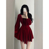 A line Square Neckline Long Sleeves Red Velvet Party Dress Birthday Dresses Birthday Outfits SD1228
