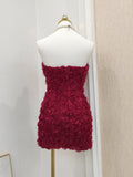 Sheath Strapless Burgundy Tulle Travel Vacation Dresses Short Birthday Dress SD1248
