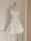 A line Strapless Satin White Flowers Vacation Dress Women Short Dresses SD126