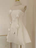 A line Strapless Satin White Flowers Vacation Dress Women Short Dresses SD126