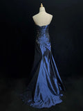 Sweetheart Sleeveless Mermaid Satin Long Navy Blue Prom Dresses SD1291