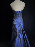 Sweetheart Sleeveless Mermaid Satin Long Navy Blue Prom Dresses SD1291