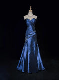 Sweetheart Sleeveless Mermaid Satin Long Navy Blue Prom Dresses SD1291