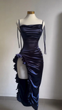 Sheath Column Spaghetti Straps Navy Blue Backless Satin Prom Dress SD1293