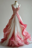 Ball Gown Straps Ombre Pink Prom Dresses Long Evening Gown Tulle Formal Party Dress SD1297