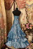 Mermaid Strapless Blue Satin Prom Dresses Long Evening Gown Formal Party Dress SD1299