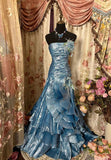 Mermaid Strapless Blue Satin Prom Dresses Long Evening Gown Formal Party Dress SD1299