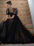 Puff Sleeves Tulle Long Prom Dress Black Formal Evening Dress SD1303