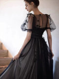 Puff Sleeves Tulle Long Prom Dress Black Formal Evening Dress SD1303