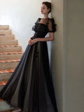 Puff Sleeves Tulle Long Prom Dress Black Formal Evening Dress SD1303