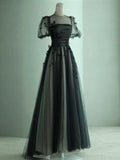 Puff Sleeves Tulle Long Prom Dress Black Formal Evening Dress SD1303