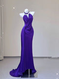Sheath Halter Grape Satin Long Prom Dresses Evening Gown Formal Party Dress With Ruffles SD1305