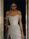 Sheath Off The Shoulder Sequin Slit Long Prom Dresses Evening Gown Formal Party Dress With Ruffles SD1306