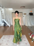 Mermaid Spaghetti Straps Satin Long Party Dress Green Prom Dresses SD2408