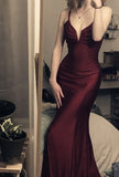 Straps Mermaid Burgundy Backless Satin Long Prom Dresses SD1311