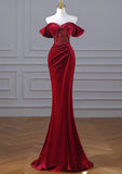 Mermaid Off The Shoulder Red Velvet Prom Dresses Long Party Dress SD1314