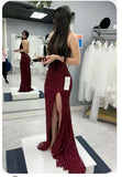 Mermaid Spaghetti Straps Burgundy Sequin Prom Dresses Party Dress SD1316