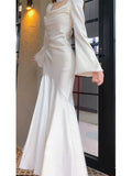 Mermaid Long Sleeves Ankle Length White Prom Dresses Party Dress SD1318