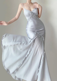 Mermaid Straps Satin Silver Long Prom Dresses Party Dress SD1320