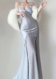 Mermaid Straps Satin Silver Long Prom Dresses Party Dress SD1320